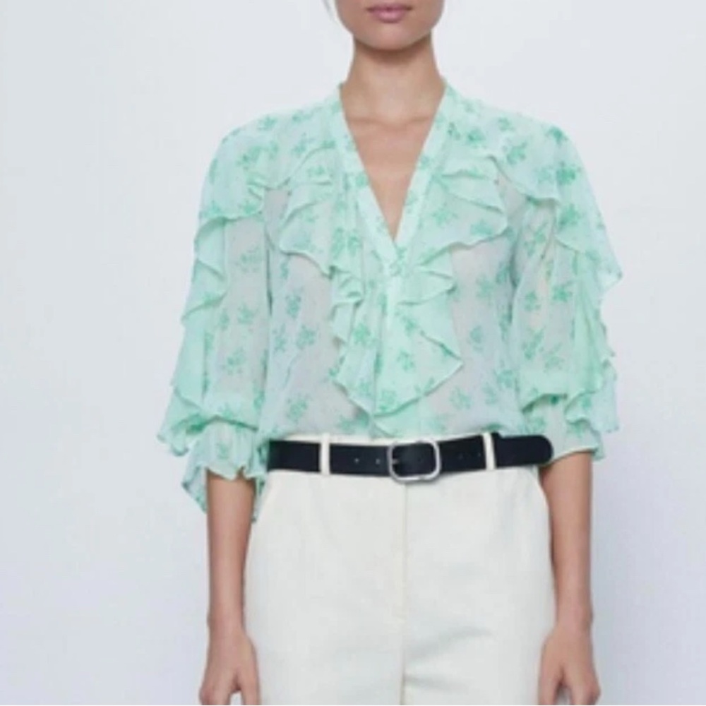 ZARA Green Floral Ruffle Blouse